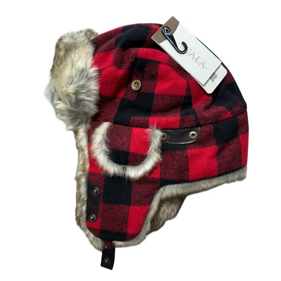 NWT Scala Unisex One Sz Buffalo Plaid Trapper Hat Faux Fur Red - Picture 10 of 10